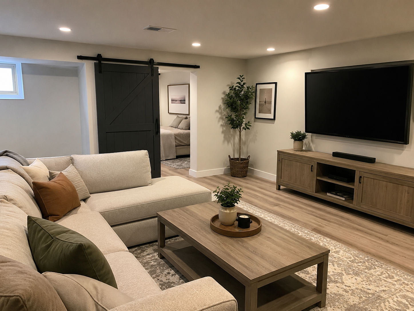 The same basement after renovation: sliding barn door, sectional, and media wall